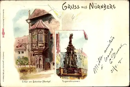 Litho Nürnberg in Mittelfranken Bayern, Erker am Sebalder Pfarrhof, Tugendbrunnen