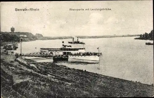 Ak Benrath Düsseldorf am Rhein, Rheinpartie mit Landungsbrücke, Dampfer