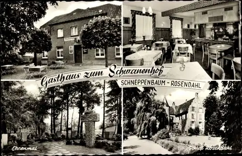 Ak Schneppenbaum Bedburg Hau am Niederrhein, Schloß Rosendahl, Gasthaus zum Schwanenhof, Ehrenmal