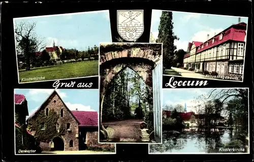 Ak Rehburg Loccum in Niedersachsen, Klosterkirche, Konventsgebäude, Denkertor, Westtor, Wappen