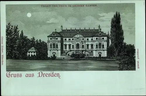 Mondschein Litho Dresden Altstadt, Palais und Teich im Grossen Garten