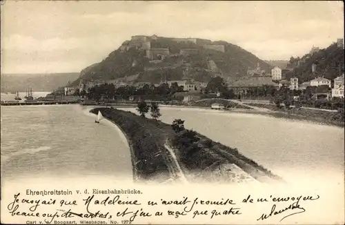 Ak Ehrenbreitstein Koblenz am Rhein, v. d. Eisenbahnbrücke, Panorama