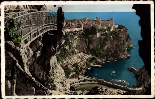 Ak Monaco, La Rocher de Monaco et le Stade Louis II, Vue prise du Jardin Exotique, Brücke, Bucht