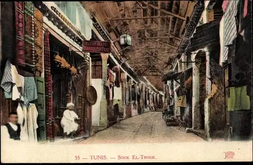 Ak Tunis Tunesien, Souk el Trouk, Geschäfte, Händler, überdachte Gasse