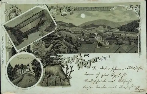 Mondschein Litho Weyer in Oberösterreich, Ennsbrücke, Heiligenstein, Hirsch, Ort bei Nacht