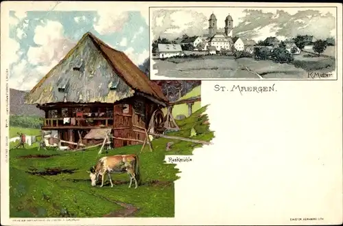 Künstler Litho Mutter, K., St. Märgen BW, Partie an der Rankmühle, Weidende Kuh, Schwarzwaldhaus