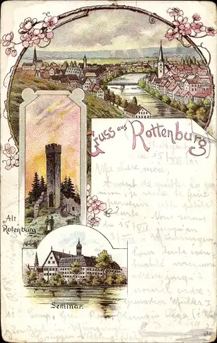 Litho Rottenburg am Neckar, Priester Seminar, Totalansicht, Turm