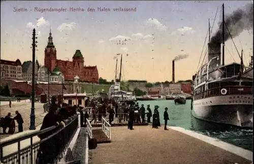 Ak Szczecin Stettin Pommern, Rügendampfer Hertha, Hafen