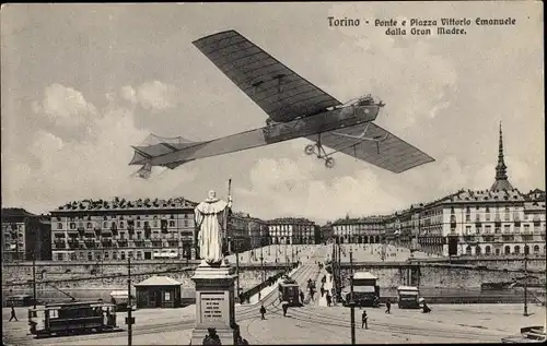 Ak Torino Turin Piemonte, Ponte e Piazza Vittorio Emanuele dalle Gran Madre, Flugzeug, Straßenbahn