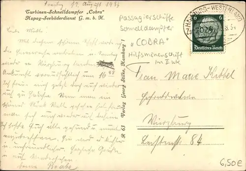 Ak Schnelldampfer Cobra, HAPAG Seebäderdienst