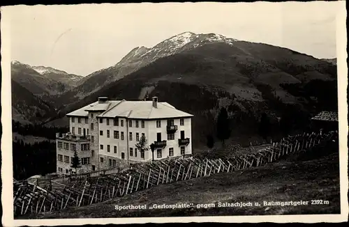 Ak Krimml in Salzburg, Sporthotel Gerlosplatte gegen Salzachjoch und Baumgartgeier