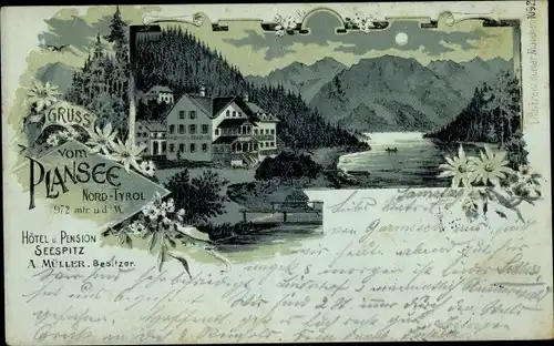 Mondschein Litho Breitenwang Tirol, Hotel und Pension Seespitz, Plansee