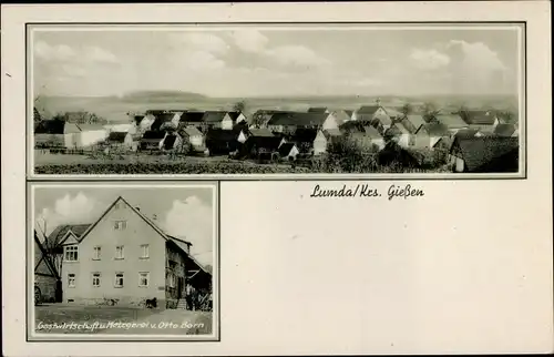 Ak Lumda Grünberg in Hessen, Gastwirtschaft und Metzgerei von Otto Born, Ortspanorama