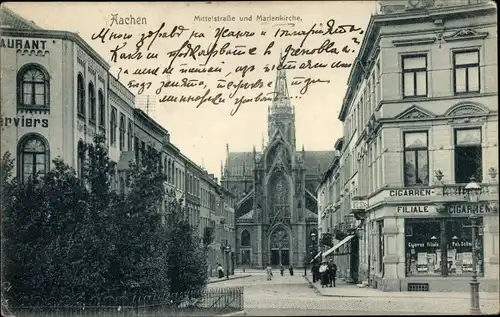 Ak Aachen in Nordrhein Westfalen, Mittelstraße, Marienkirche, Restaurant, Zigarrenhandlung