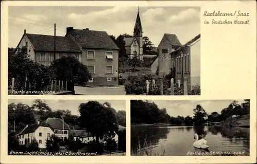 Ak Karlsbrunn Großrosseln im Saarland, Oberförsterei, Partie an der Kirche, St. Nikolaussee