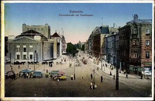 Ak Katowice Kattowitz Oberschlesien, Friedrichstraße, Stadttheater