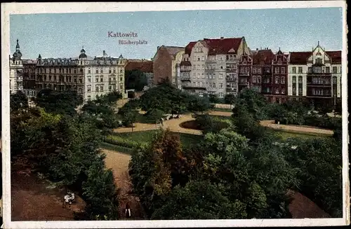 Ak Katowice Kattowitz Schlesien, Blücherplatz, Wohnhäuser, Park