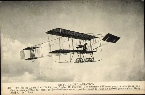 Ak Histoire de l'Aviation, Un vol de Louis Paulhan, sur Biplan H. Farman, Flugzeug, Flugpionier