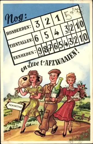 Ak Niederländischer Soldat mit zwei Frauen, Sektflasche, Honderden, Tientallen, Eenheden