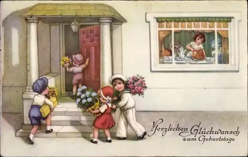Ak Glückwunsch Geburtstag, Kinder mit Blumen, Besuch, Kuchen