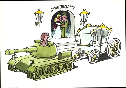 Künstler Ak NVA Soldat zur Hochzeit, Panzer mit Hochzeitskutsche vor Standesamt
