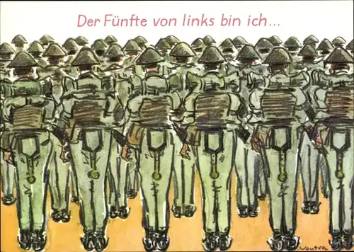 Künstler Ak Vontra, Gerhard, Der Fünfte von links bin ich, NVA Soldaten, Appell, Marschgepäck