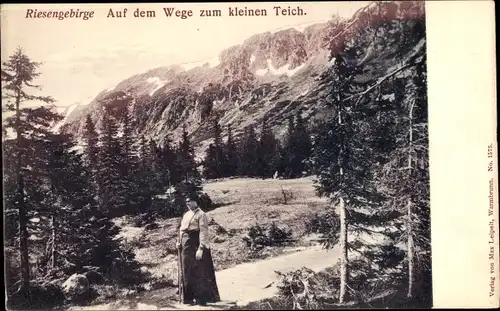 Ak Karpacz Krummhübel Riesengebirge Schlesien, Mały Staw, Kleiner Teich, Wegpartie, Frau