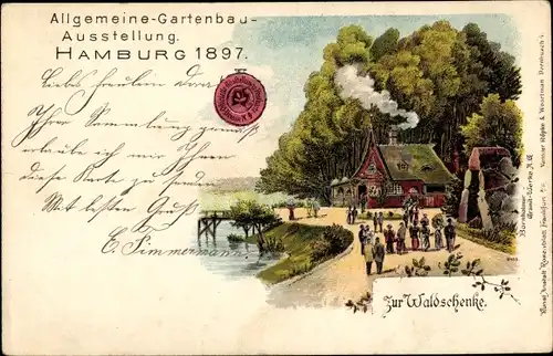 Litho Hamburg Mitte Altstadt, Gartenbauausstellung 1897, Waldschenke, Uferpartie mit Besuchern