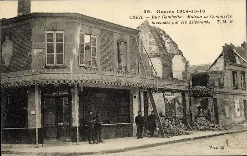 Ak Creil Oise, Rue Gambetta, Maison de Commerce, Soldaten, Ruine, Trümmer