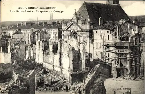 Ak Verdun Meuse, Rue Salut Paul et Chapelle du College, Ruine, Trümmer