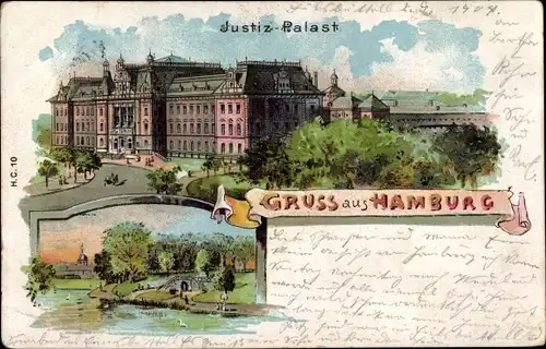 Litho Hamburg Altstadt, Der Justiz Palast mit Flusspartie