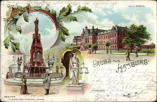 Litho Hamburg Mitte Altstadt, Kaiser-Karl-Brunnen, Justizgebäude