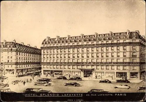 Ak Paris IX, Hotel Splendid Lafayette, 49 Rue Lafayette, Außenansicht, Autos