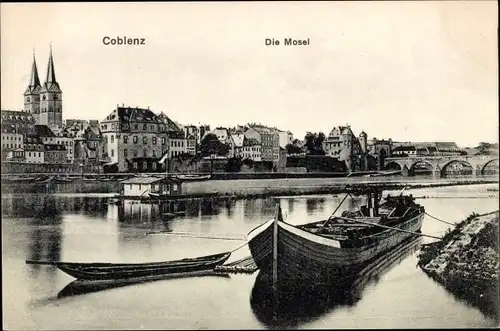 Ak Koblenz in Rheinland Pfalz, Die Mosel, Boote, Brücke, Kirche