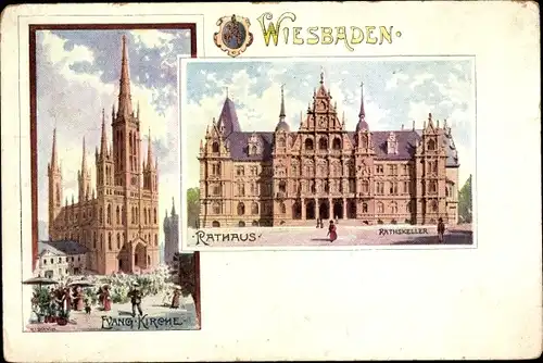 Ak Wiesbaden in Hessen, Evangelische Kirche, Rathaus, Rathskeller, Wappen