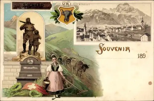 Litho Altdorf Kt. Uri, Tell Denkmal, Frau in Tracht, Stadtansicht, Reklame Suchard