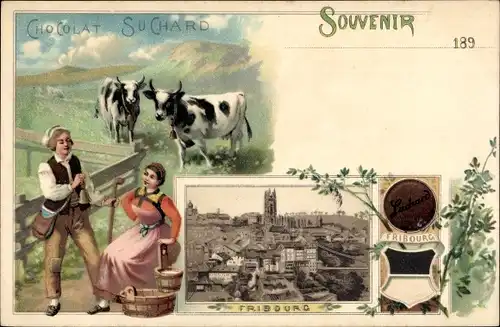 Litho Fribourg Freiburg Stadt Schweiz, Chocolat Suchard, Trachten, Wappen