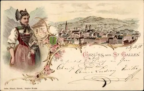 Litho Sankt Gallen Stadt Schweiz, Stadt, Frau in Tracht