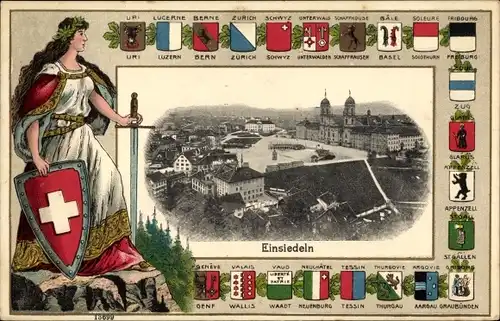 Präge Wappen Ak Einsiedeln Kanton Schwyz Schweiz, Helvetia mit Schild und Schwert, Stadt