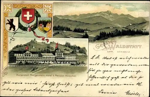 Präge Wappen Ak Waldstatt Kt.Appenzell Ausserrhoden, Säntis, Kuranstalt Morgenstern, Hotel Hirschen