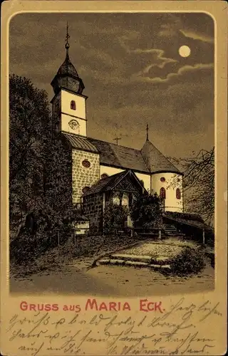 Mondschein Litho Siegsdorf in Oberbayern, Kloster Maria Eck
