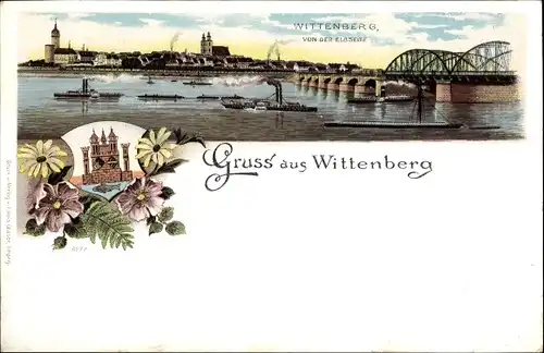 Wappen Litho Lutherstadt Wittenberg in Sachsen Anhalt, Flusspartie, Stadtblick von der Elbseite