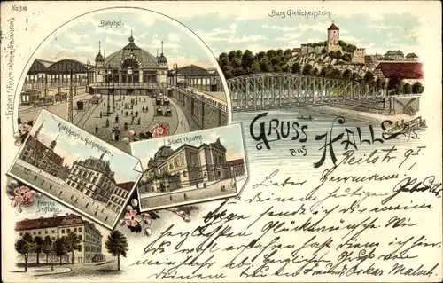 Litho Halle an der Saale, Stadttheater, Bahnhof, Rathaus, Ratskeller, Frankestiftung, Giebichenstein