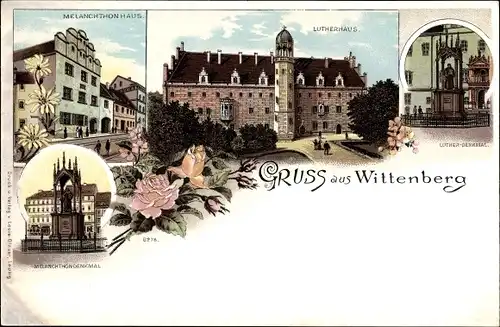 Litho Lutherstadt Wittenberg, Lutherhaus, Luther Denkmal, Melanchtondenkmal u. Haus