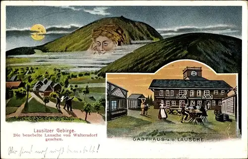 Litho Waltersdorf Großschönau Oberlausitz, benebelte Lausche, Gasthaus an der Lausche