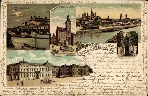 Litho Würzburg, Rathaus, Residenz Schloss, Panorama, Julius Monument