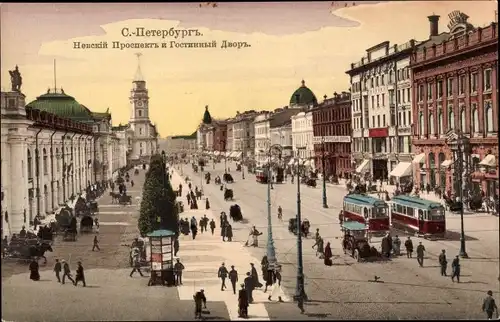 Ak Sankt Petersburg Russland, Newski Prospekt, Gostinny Dwor, Straßenbahn