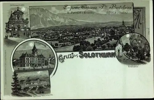 Mondschein Litho Solothurn Stadt Schweiz, Kloster, Einsiedelei, Post, Gesamtansicht