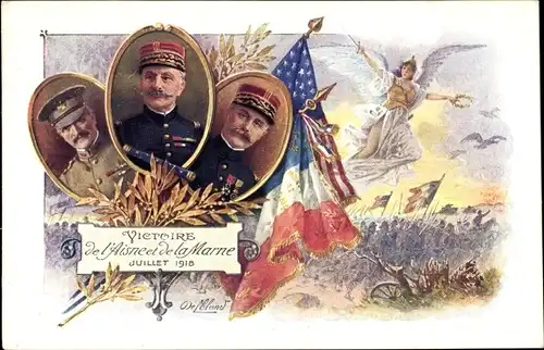 Künstler Ak Delblond, Victoire de l'Aisne de la Marne, 1918, Joseph Joffre, John J. Pershing