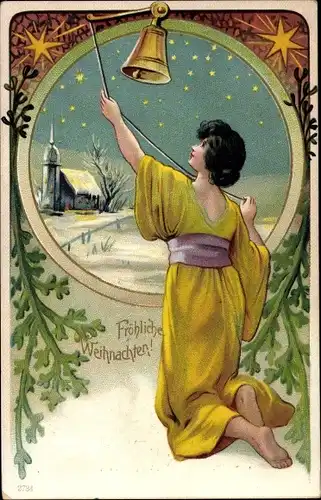 Litho Glückwunsch Weihnachten, Sterne, Frau, Glocke, Kirche